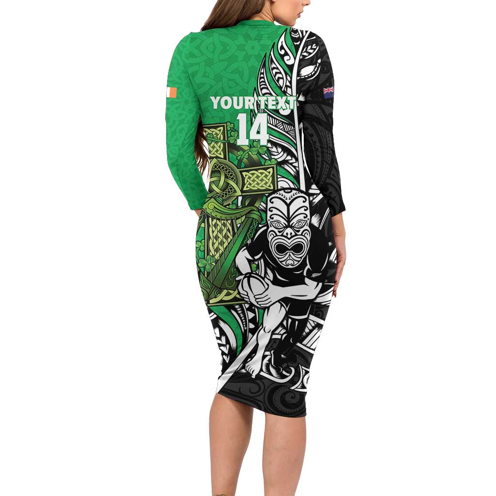 New Zealand and Ireland Rugby Custom Family Matching Long Sleeve Bodycon Dress and Hawaiian Shirt Maori Tiki Fern Irish Celtic Cross - Polynesian Pride