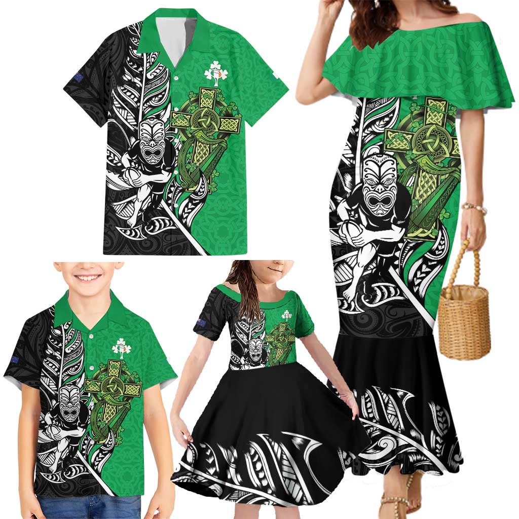 New Zealand and Ireland Rugby Custom Family Matching Mermaid Dress and Hawaiian Shirt Maori Tiki Fern Irish Celtic Cross - Polynesian Pride