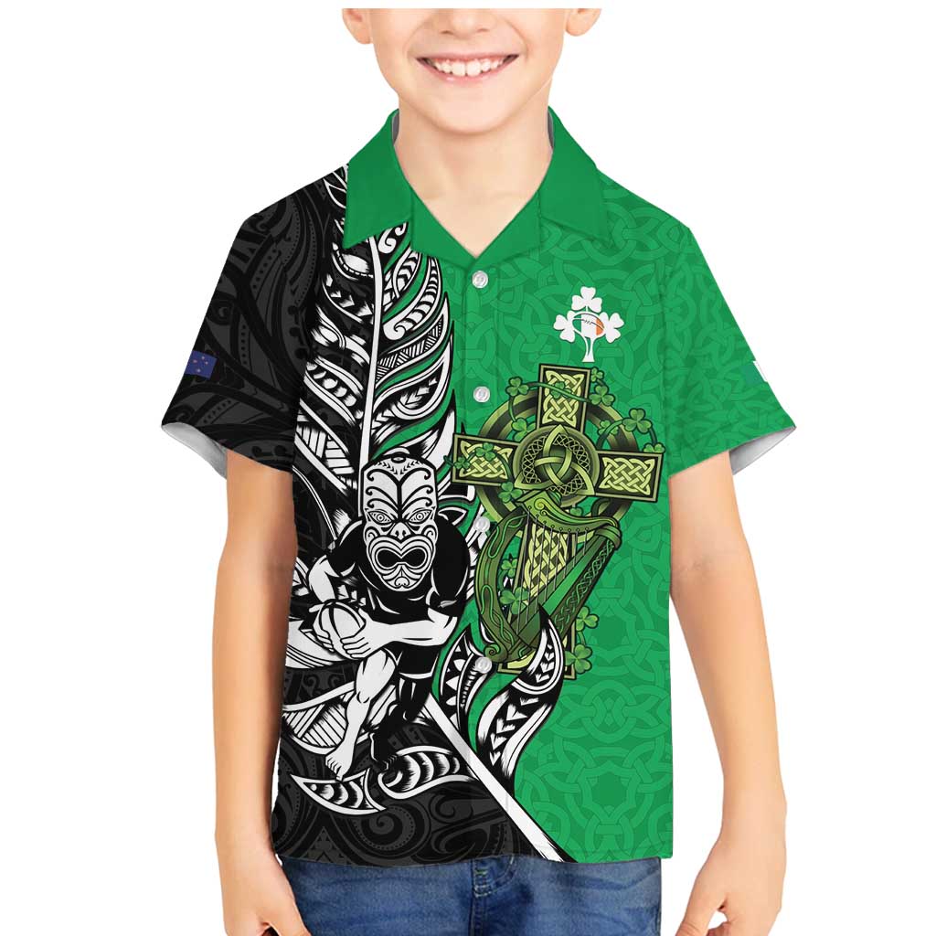 New Zealand and Ireland Rugby Custom Family Matching Mermaid Dress and Hawaiian Shirt Maori Tiki Fern Irish Celtic Cross - Polynesian Pride
