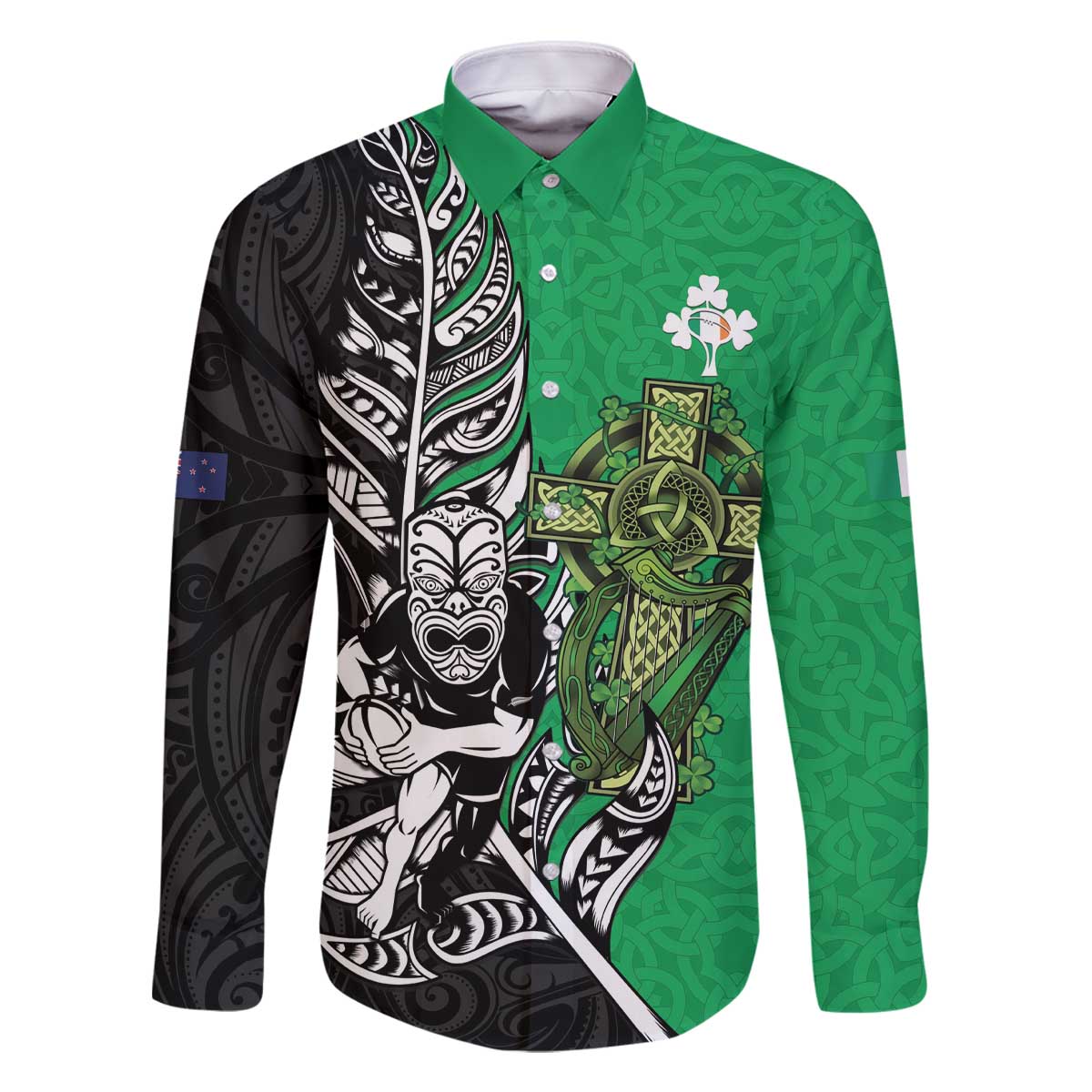 New Zealand and Ireland Rugby Custom Family Matching Off The Shoulder Long Sleeve Dress and Hawaiian Shirt Maori Tiki Fern Irish Celtic Cross - Polynesian Pride