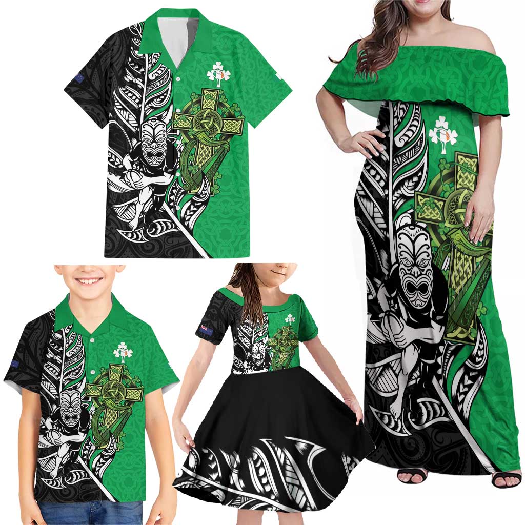 New Zealand and Ireland Rugby Custom Family Matching Off Shoulder Maxi Dress and Hawaiian Shirt Maori Tiki Fern Irish Celtic Cross - Polynesian Pride