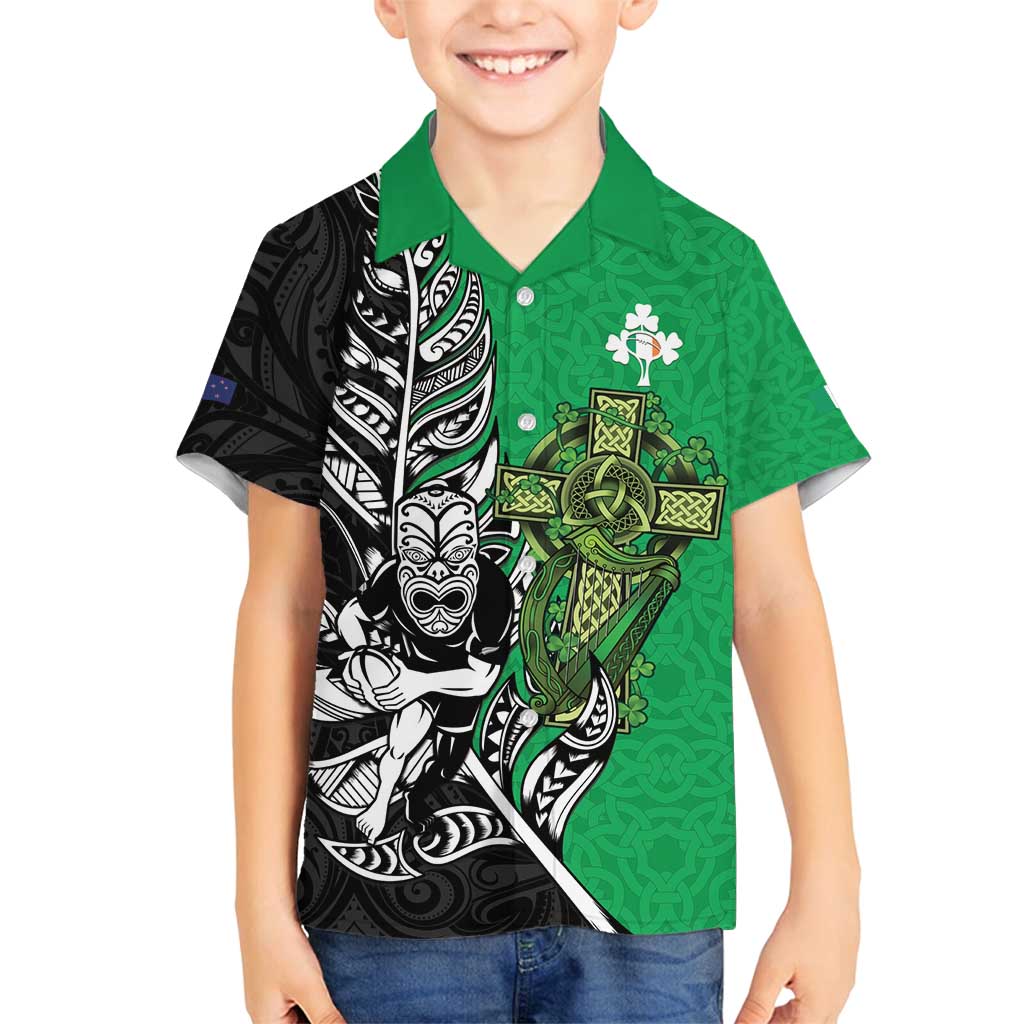 New Zealand and Ireland Rugby Custom Family Matching Off Shoulder Short Dress and Hawaiian Shirt Maori Tiki Fern Irish Celtic Cross - Polynesian Pride