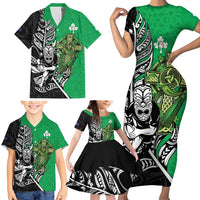 New Zealand and Ireland Rugby Custom Family Matching Short Sleeve Bodycon Dress and Hawaiian Shirt Maori Tiki Fern Irish Celtic Cross - Polynesian Pride