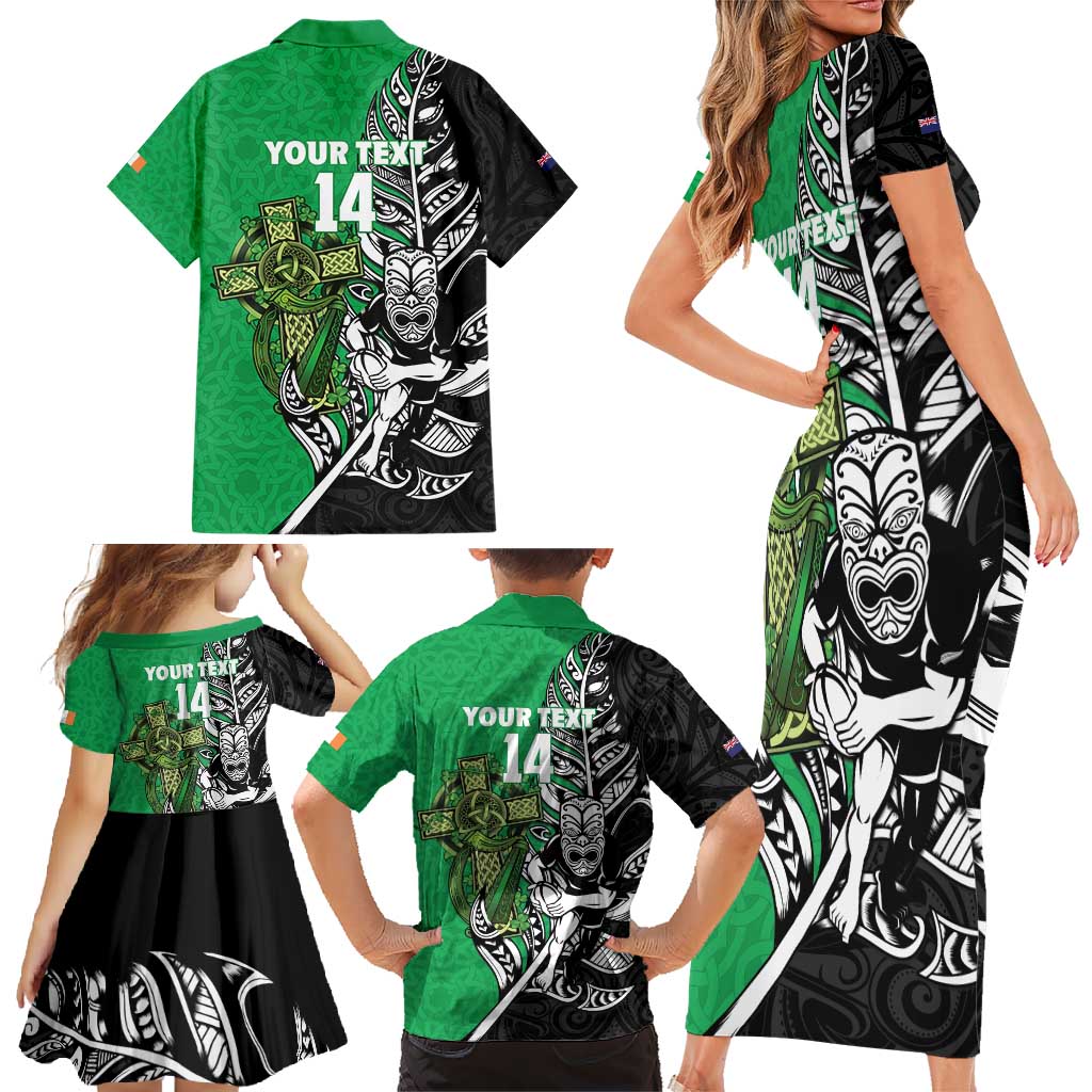 New Zealand and Ireland Rugby Custom Family Matching Short Sleeve Bodycon Dress and Hawaiian Shirt Maori Tiki Fern Irish Celtic Cross - Polynesian Pride