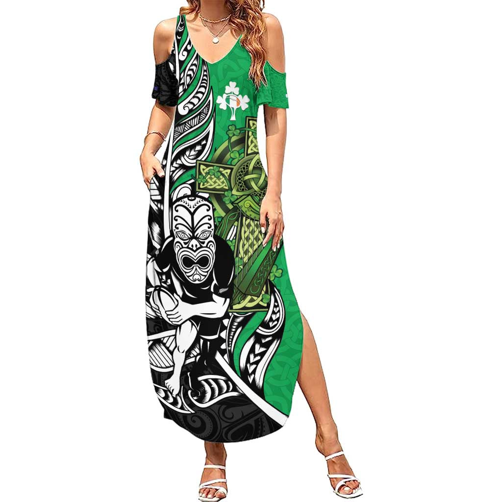 New Zealand and Ireland Rugby Custom Family Matching Summer Maxi Dress and Hawaiian Shirt Maori Tiki Fern Irish Celtic Cross - Polynesian Pride