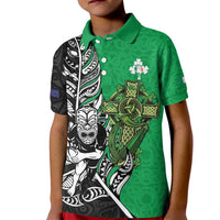 New Zealand and Ireland Rugby Custom Kid Polo Shirt Maori Tiki Fern Irish Celtic Cross - Polynesian Pride