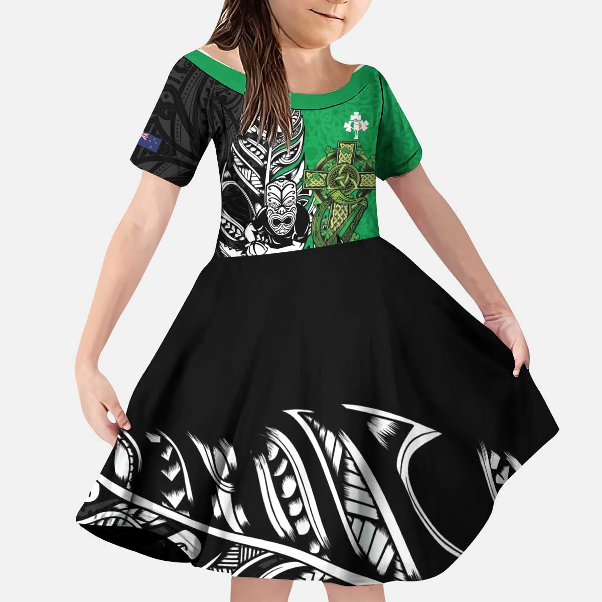 New Zealand and Ireland Rugby Custom Kid Short Sleeve Dress Maori Tiki Fern Irish Celtic Cross - Polynesian Pride