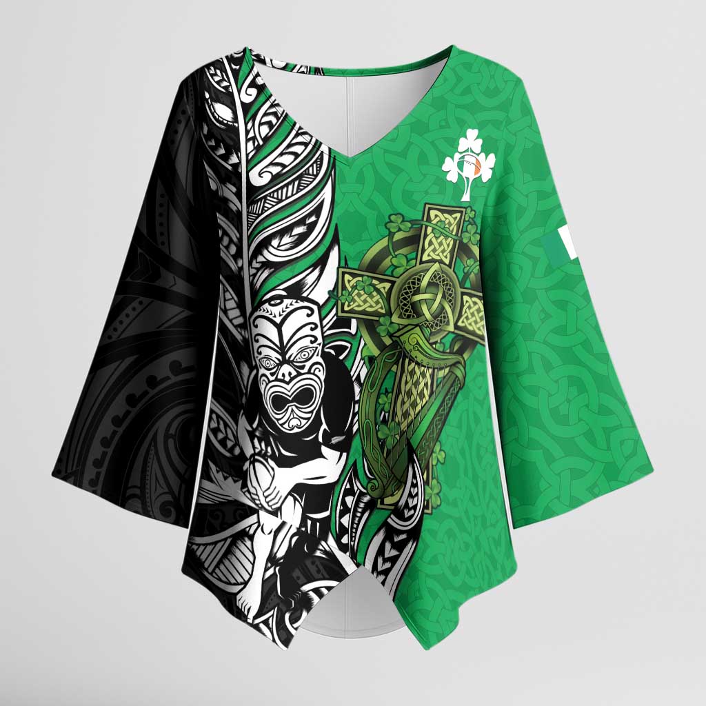 New Zealand and Ireland Rugby Custom Kimono Sleeve Blouse Maori Tiki Fern Irish Celtic Cross - Polynesian Pride