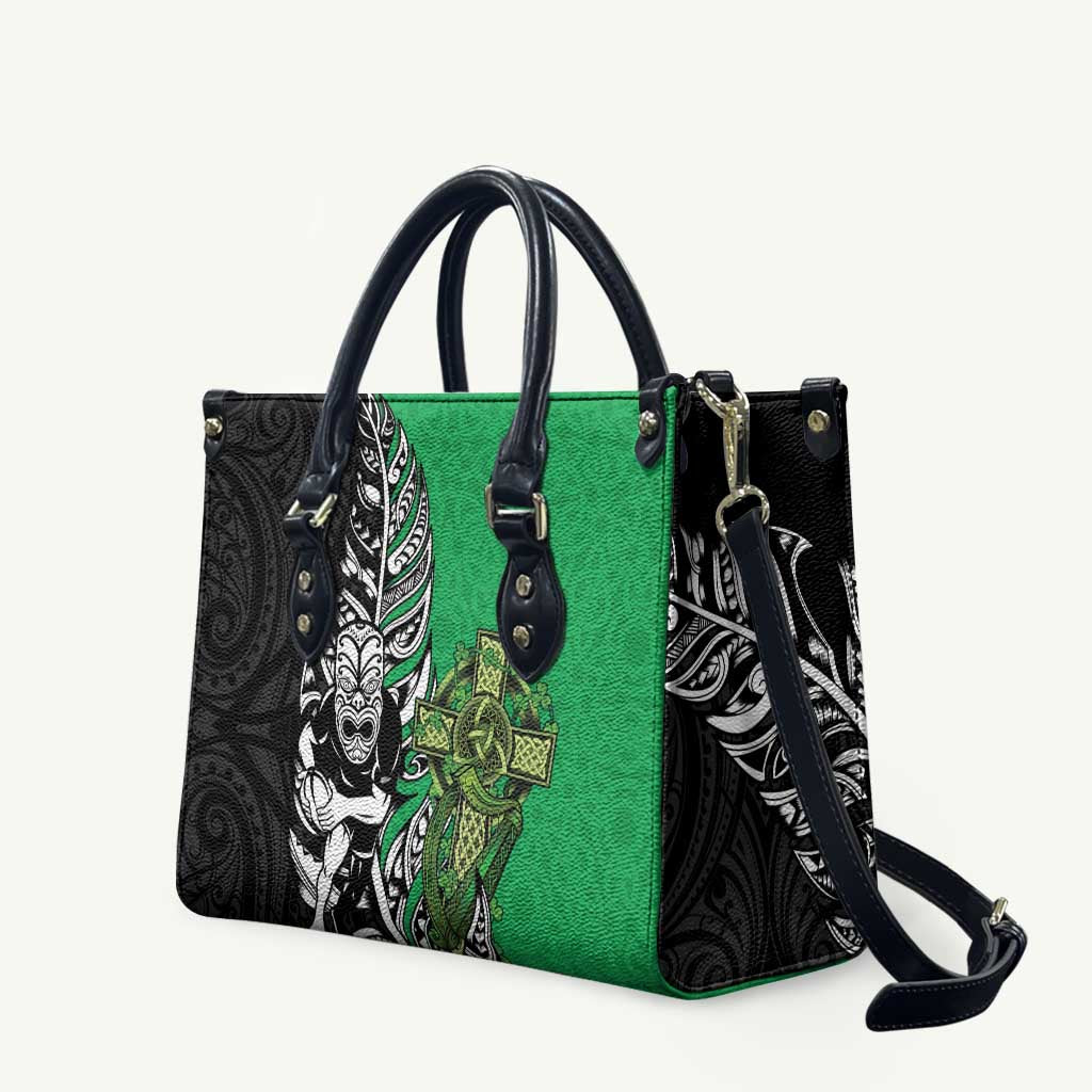 New Zealand and Ireland Rugby Custom Leather Bag Maori Tiki Fern Irish Celtic Cross - Polynesian Pride