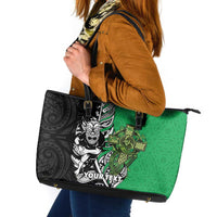 New Zealand and Ireland Rugby Custom Leather Tote Bag Maori Tiki Fern Irish Celtic Cross - Polynesian Pride