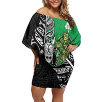 New Zealand and Ireland Rugby Custom Off Shoulder Short Dress Maori Tiki Fern Irish Celtic Cross - Polynesian Pride