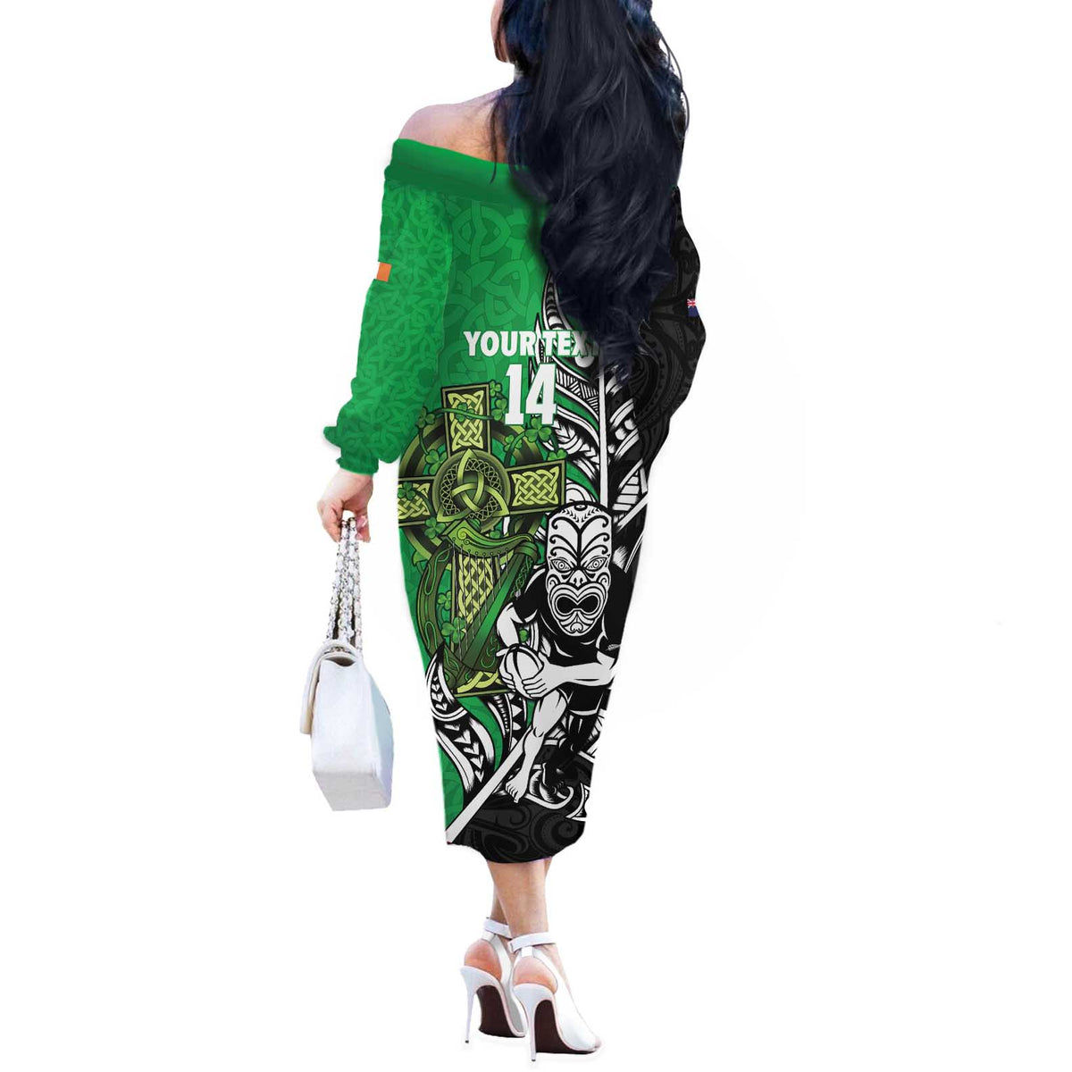 New Zealand and Ireland Rugby Custom Off The Shoulder Long Sleeve Dress Maori Tiki Fern Irish Celtic Cross - Polynesian Pride