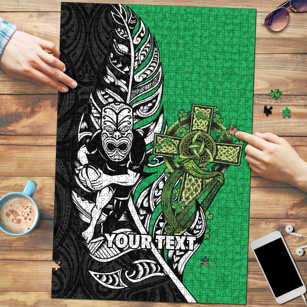New Zealand and Ireland Rugby Custom Puzzle Maori Tiki Fern Irish Celtic Cross - Polynesian Pride
