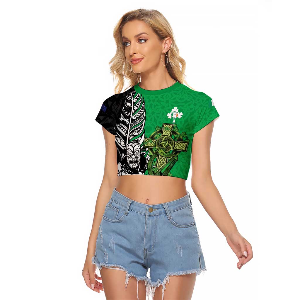 New Zealand and Ireland Rugby Custom Raglan Cropped T Shirt Maori Tiki Fern Irish Celtic Cross - Polynesian Pride