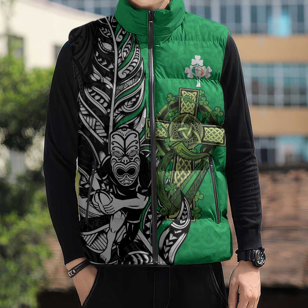 New Zealand and Ireland Rugby Custom Sleeveless Puffer Jacket Maori Tiki Fern Irish Celtic Cross - Polynesian Pride