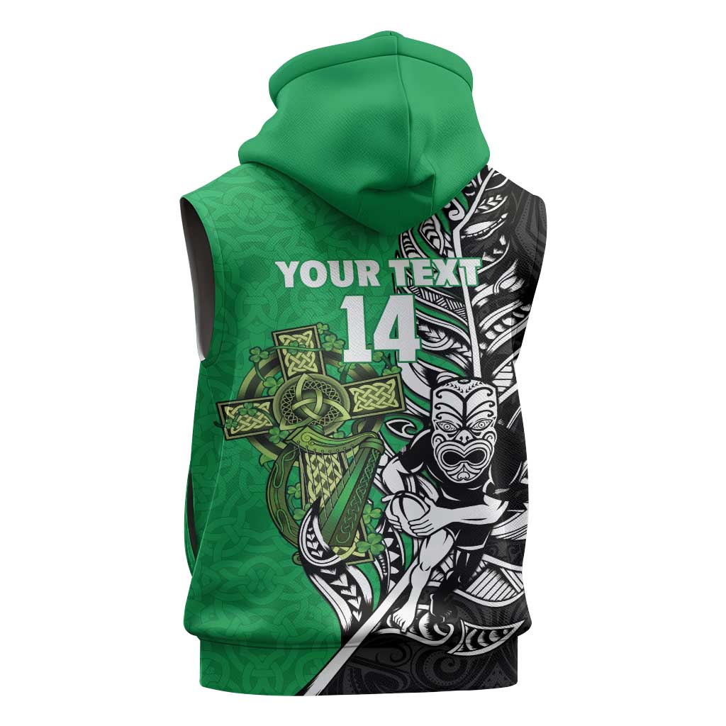 New Zealand and Ireland Rugby Custom Sleeveless Zip Hoodie Maori Tiki Fern Irish Celtic Cross - Polynesian Pride