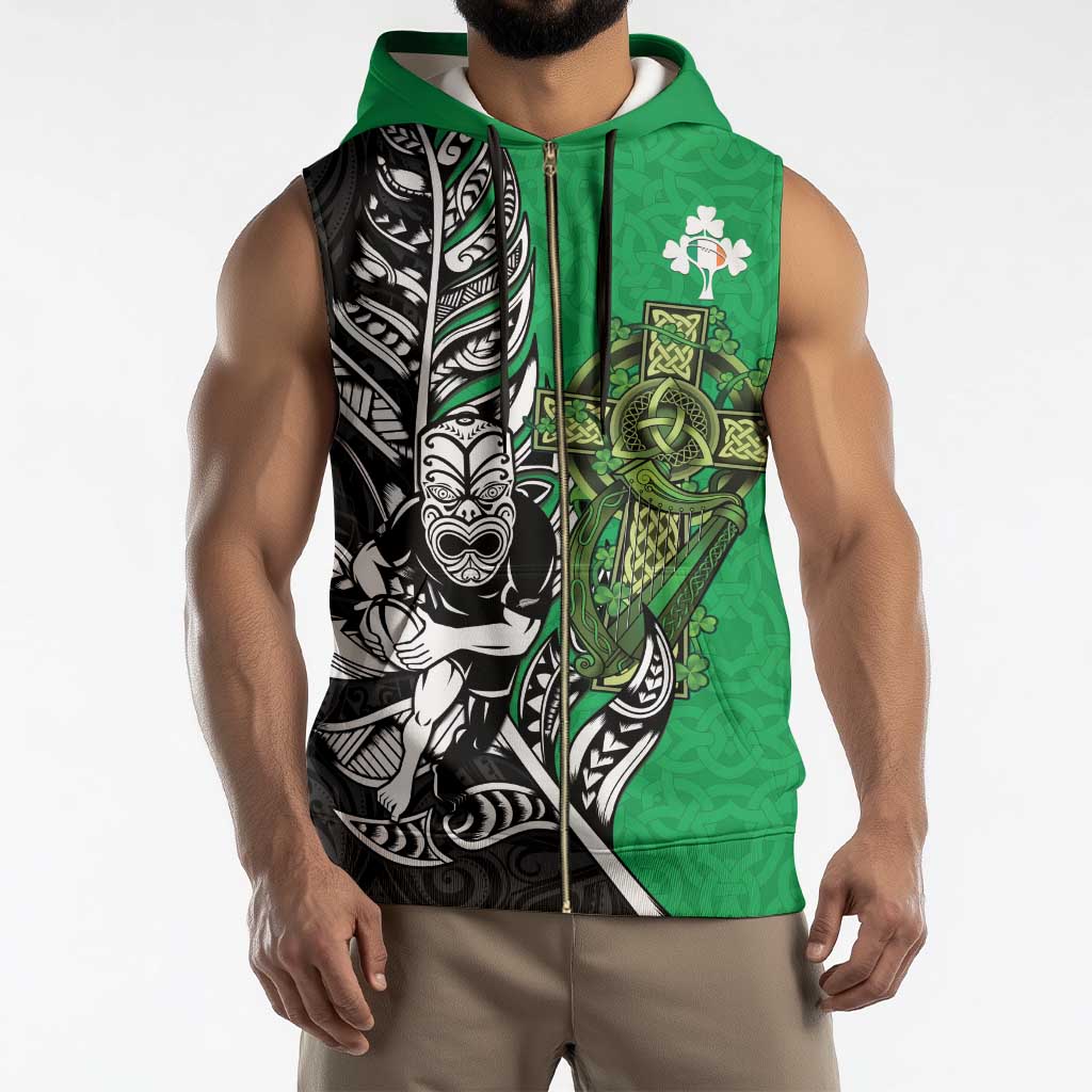 New Zealand and Ireland Rugby Custom Sleeveless Zip Hoodie Maori Tiki Fern Irish Celtic Cross - Polynesian Pride