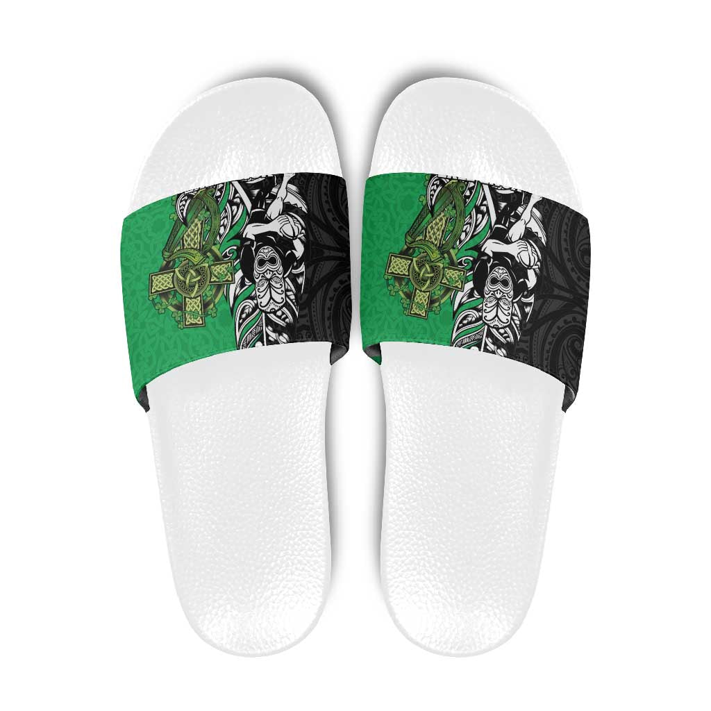 New Zealand and Ireland Rugby Custom Slide Sandals Maori Tiki Fern Irish Celtic Cross - Polynesian Pride