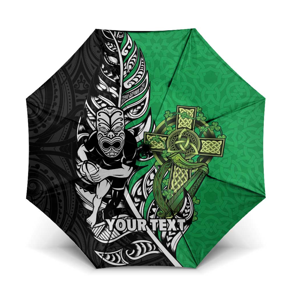 New Zealand and Ireland Rugby Custom Umbrella Maori Tiki Fern Irish Celtic Cross - Polynesian Pride