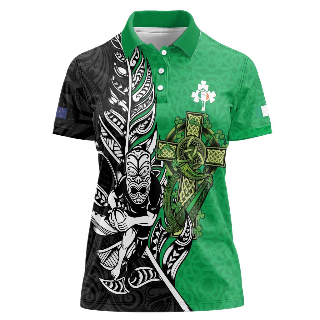 New Zealand and Ireland Rugby Custom Women Polo Shirt Maori Tiki Fern Irish Celtic Cross - Polynesian Pride