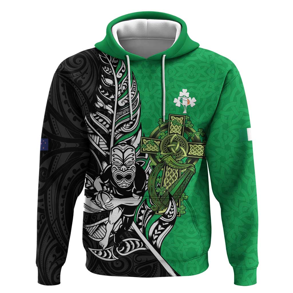 New Zealand and Ireland Rugby Custom Zip Hoodie Maori Tiki Fern Irish Celtic Cross - Polynesian Pride