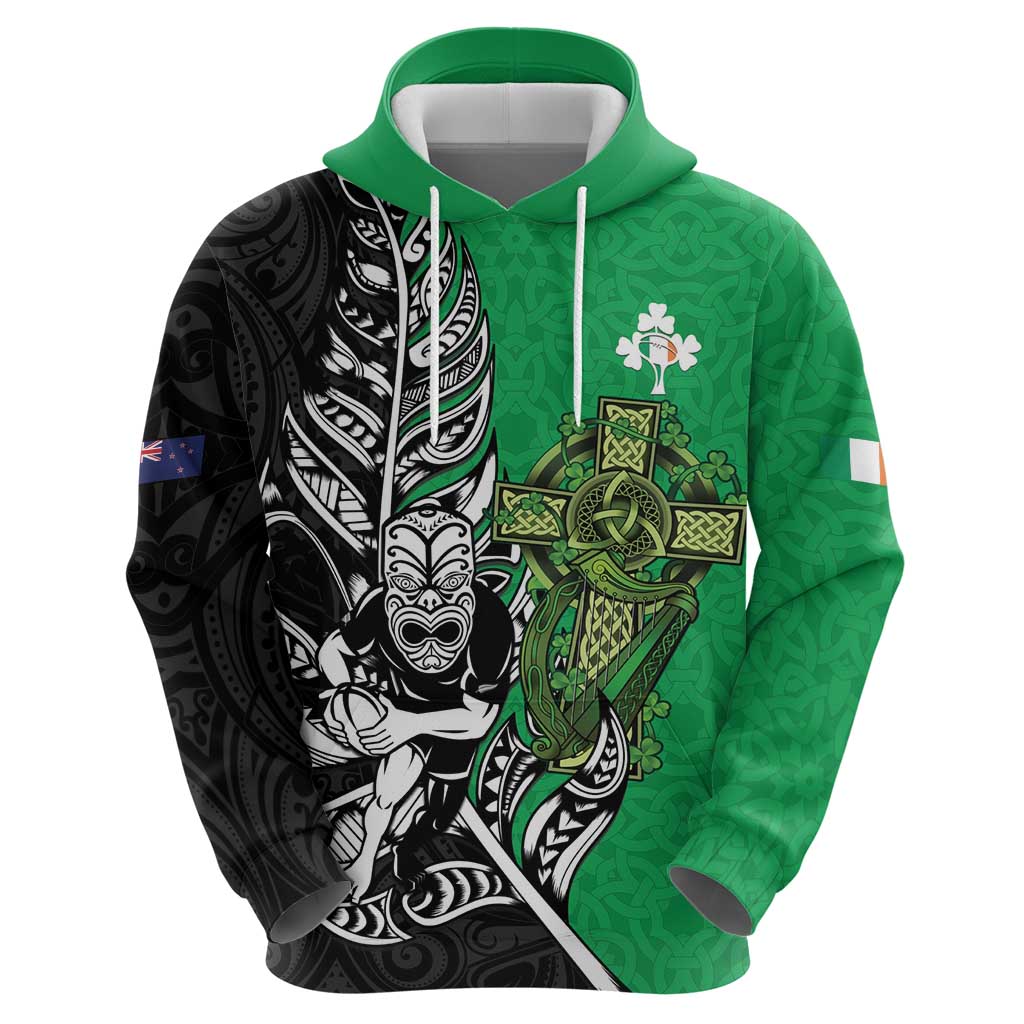 New Zealand and Ireland Rugby Custom Zip Hoodie Maori Tiki Fern Irish Celtic Cross - Polynesian Pride