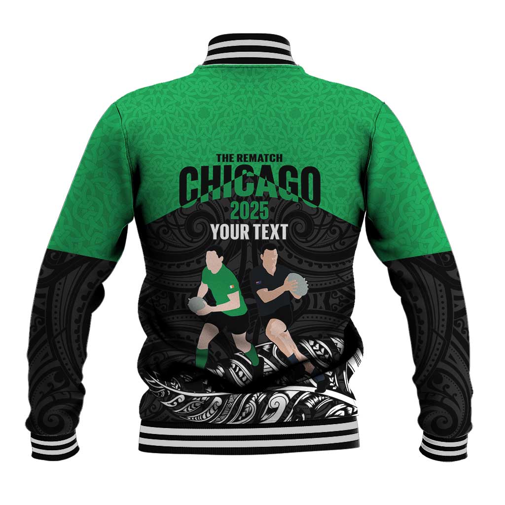 New Zealand and Ireland Rugby Custom Baseball Jacket Chicago 2025 Go All Black Shamrocks - Polynesian Pride