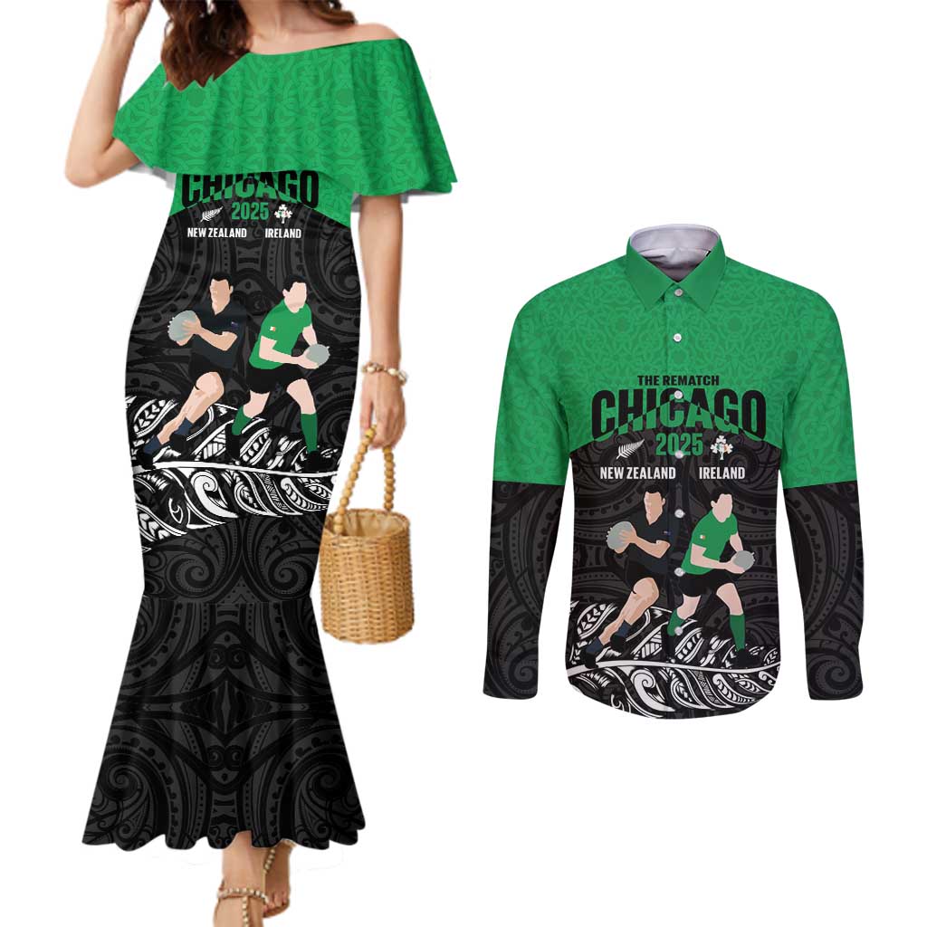 New Zealand and Ireland Rugby Custom Couples Matching Mermaid Dress and Long Sleeve Button Shirt Chicago 2025 Go All Black Shamrocks - Polynesian Pride