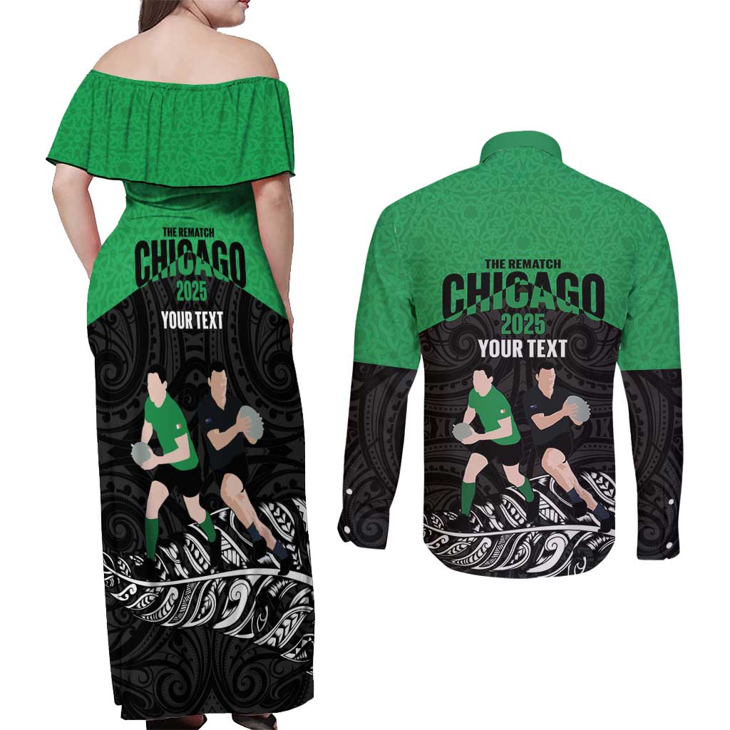 New Zealand and Ireland Rugby Custom Couples Matching Off Shoulder Maxi Dress and Long Sleeve Button Shirt Chicago 2025 Go All Black Shamrocks - Polynesian Pride