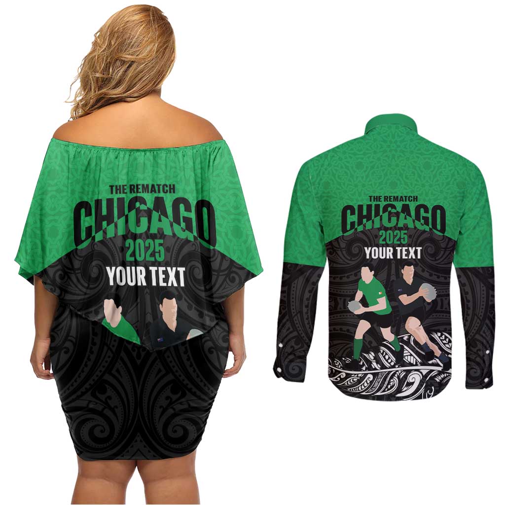 New Zealand and Ireland Rugby Custom Couples Matching Off Shoulder Short Dress and Long Sleeve Button Shirt Chicago 2025 Go All Black Shamrocks - Polynesian Pride