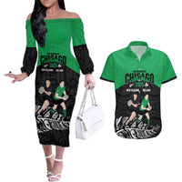 New Zealand and Ireland Rugby Custom Couples Matching Off The Shoulder Long Sleeve Dress and Hawaiian Shirt Chicago 2025 Go All Black Shamrocks - Polynesian Pride