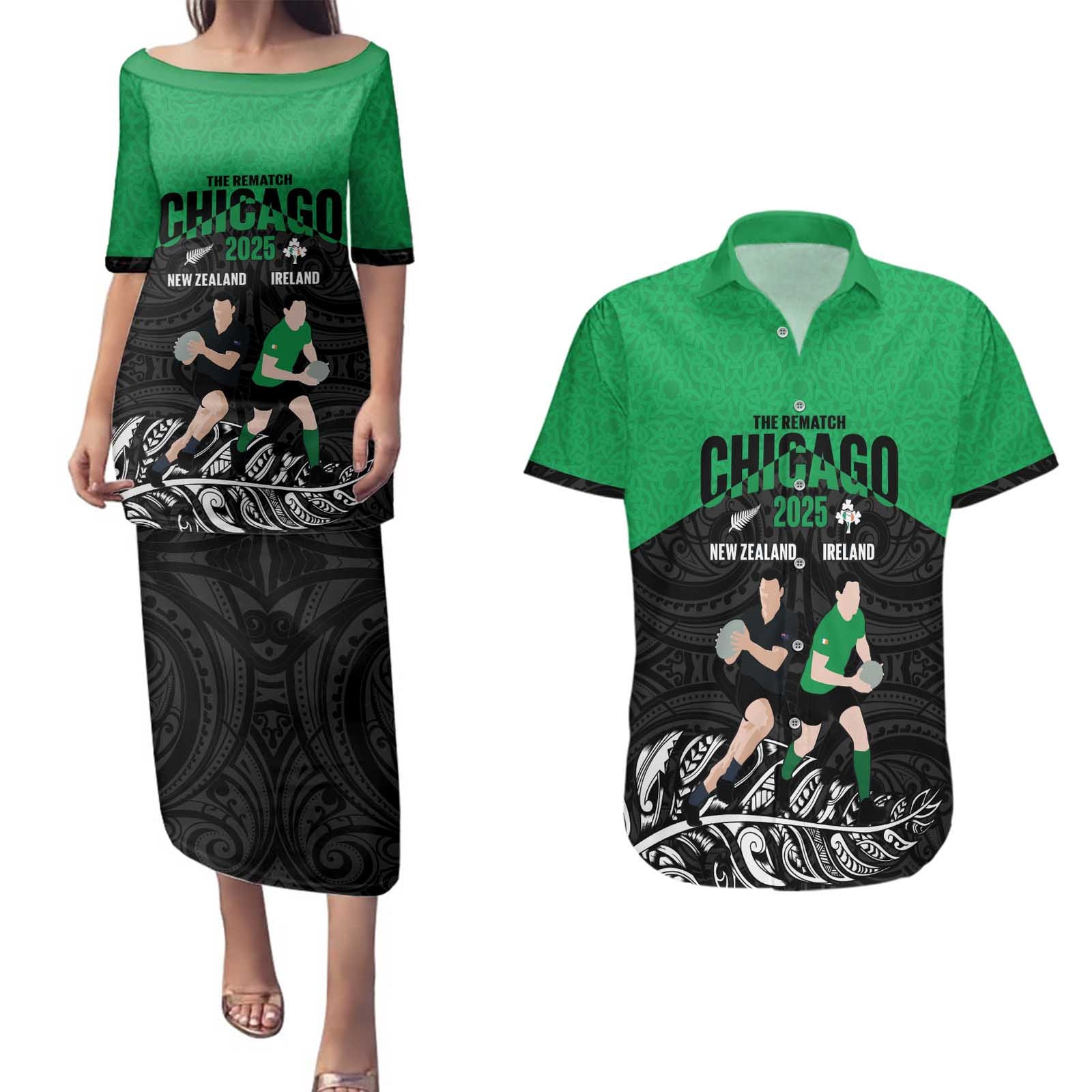 New Zealand and Ireland Rugby Custom Couples Matching Puletasi and Hawaiian Shirt Chicago 2025 Go All Black Shamrocks - Polynesian Pride