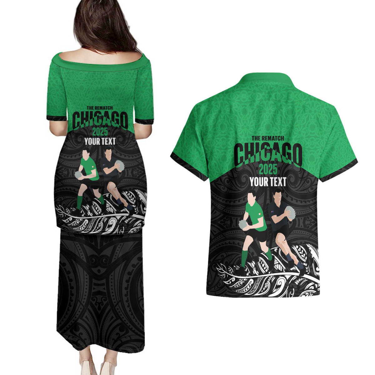 New Zealand and Ireland Rugby Custom Couples Matching Puletasi and Hawaiian Shirt Chicago 2025 Go All Black Shamrocks - Polynesian Pride