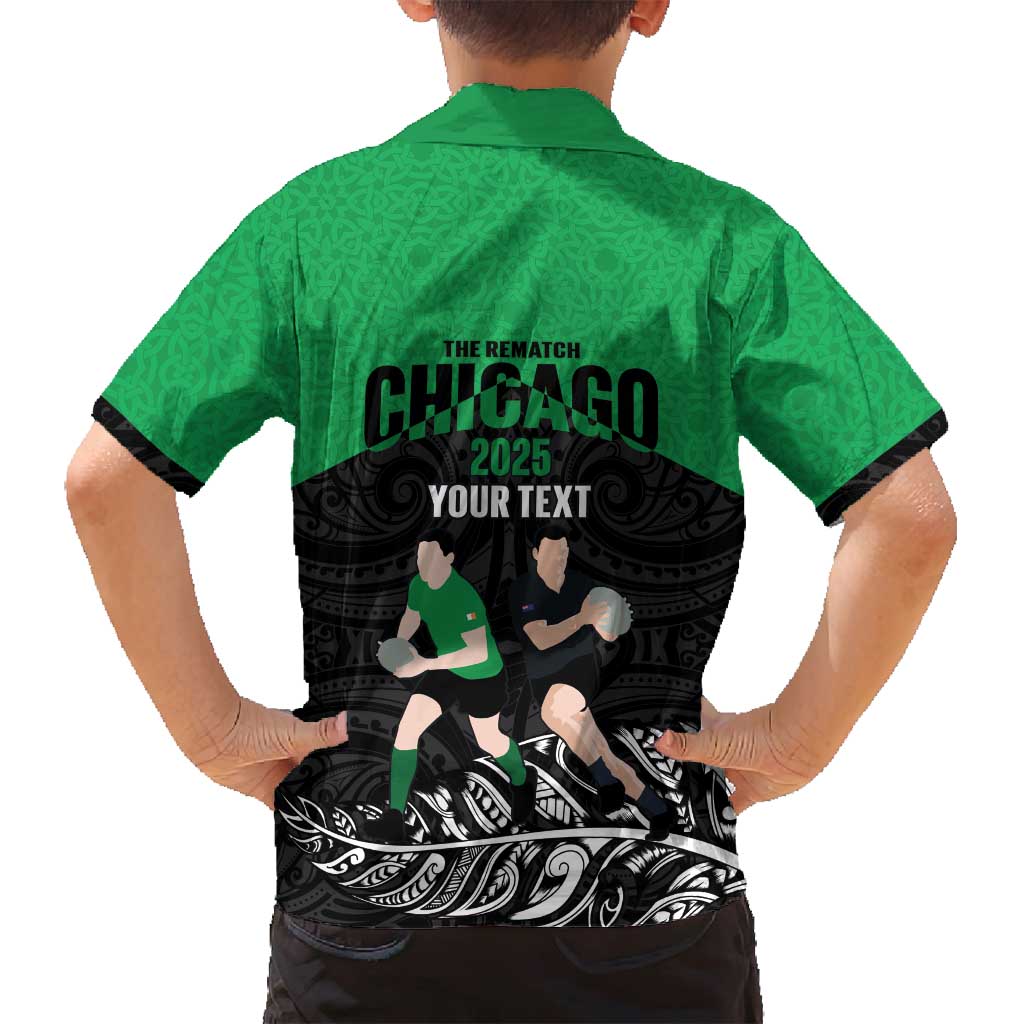 New Zealand and Ireland Rugby Custom Family Matching Long Sleeve Bodycon Dress and Hawaiian Shirt Chicago 2025 Go All Black Shamrocks - Polynesian Pride