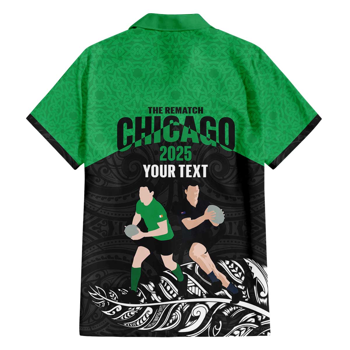 New Zealand and Ireland Rugby Custom Family Matching Off The Shoulder Long Sleeve Dress and Hawaiian Shirt Chicago 2025 Go All Black Shamrocks - Polynesian Pride