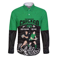 New Zealand and Ireland Rugby Custom Family Matching Off The Shoulder Long Sleeve Dress and Hawaiian Shirt Chicago 2025 Go All Black Shamrocks - Polynesian Pride