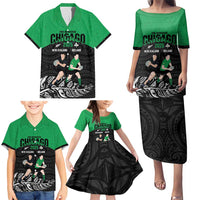 New Zealand and Ireland Rugby Custom Family Matching Puletasi and Hawaiian Shirt Chicago 2025 Go All Black Shamrocks - Polynesian Pride