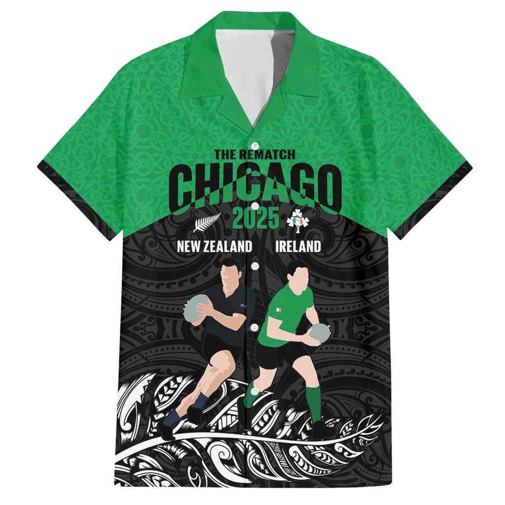New Zealand and Ireland Rugby Custom Family Matching Puletasi and Hawaiian Shirt Chicago 2025 Go All Black Shamrocks - Polynesian Pride