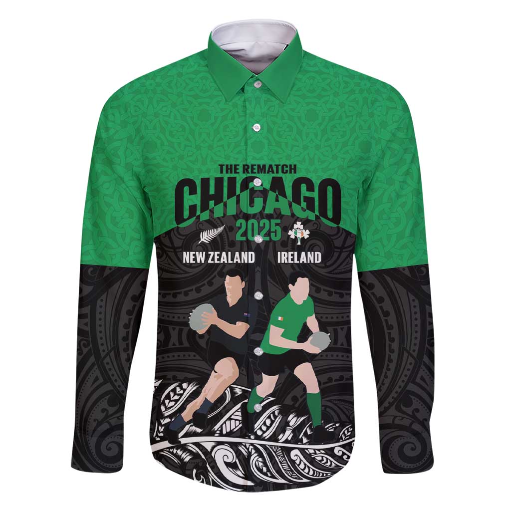 New Zealand and Ireland Rugby Custom Family Matching Short Sleeve Bodycon Dress and Hawaiian Shirt Chicago 2025 Go All Black Shamrocks - Polynesian Pride