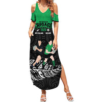 New Zealand and Ireland Rugby Custom Family Matching Summer Maxi Dress and Hawaiian Shirt Chicago 2025 Go All Black Shamrocks - Polynesian Pride