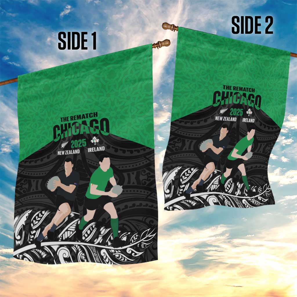 New Zealand and Ireland Rugby Garden Flag Chicago 2025 Go All Black Shamrocks - Polynesian Pride