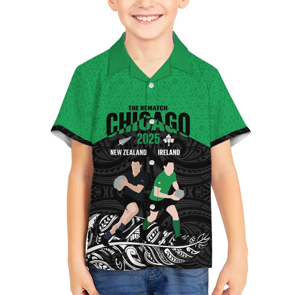 New Zealand and Ireland Rugby Custom Hawaiian Shirt Chicago 2025 Go All Black Shamrocks - Polynesian Pride