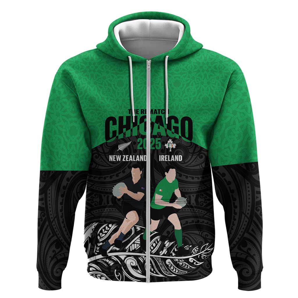 New Zealand and Ireland Rugby Custom Hoodie Chicago 2025 Go All Black Shamrocks - Polynesian Pride