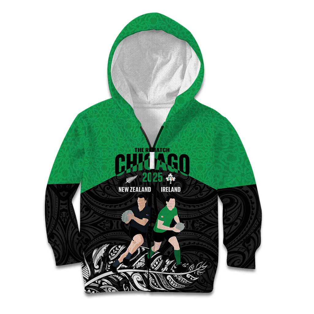 New Zealand and Ireland Rugby Custom Kid Hoodie Chicago 2025 Go All Black Shamrocks - Polynesian Pride