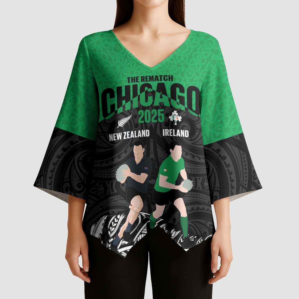 New Zealand and Ireland Rugby Custom Kimono Sleeve Blouse Chicago 2025 Go All Black Shamrocks - Polynesian Pride
