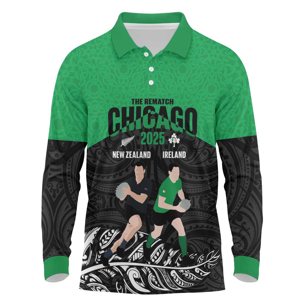 New Zealand and Ireland Rugby Custom Long Sleeve Polo Shirt Chicago 2025 Go All Black Shamrocks - Polynesian Pride