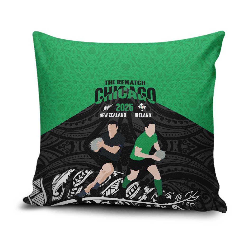 New Zealand and Ireland Rugby Pillow Cover Chicago 2025 Go All Black Shamrocks - Polynesian Pride