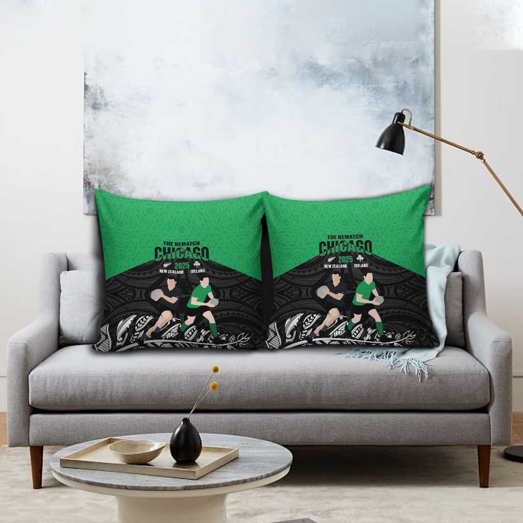 New Zealand and Ireland Rugby Pillow Cover Chicago 2025 Go All Black Shamrocks - Polynesian Pride