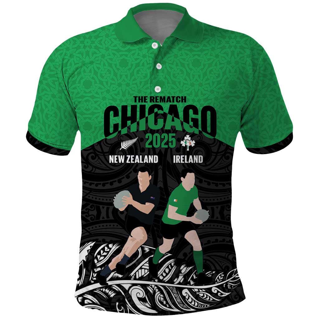 New Zealand and Ireland Rugby Custom Polo Shirt Chicago 2025 Go All Black Shamrocks - Polynesian Pride