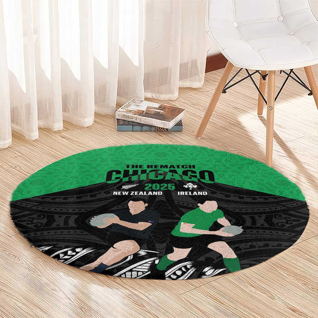New Zealand and Ireland Rugby Round Carpet Chicago 2025 Go All Black Shamrocks - Polynesian Pride